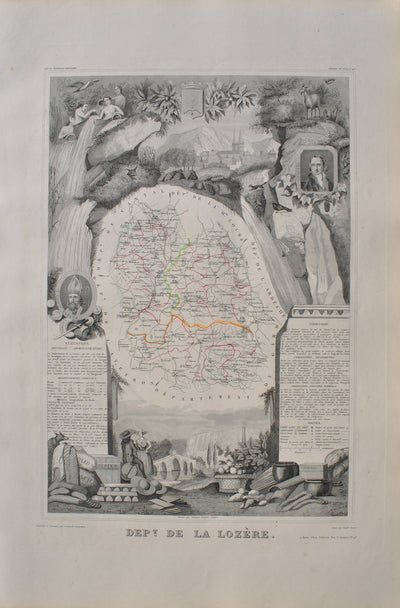 Victor LEVASSEUR : Carte ancienne de la Lozère, Gravure originale (vue générale) - Crédit photo : Galerie Art.Paris