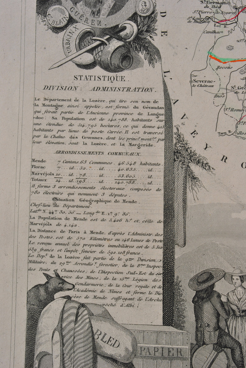 Victor LEVASSEUR : Carte ancienne de la Lozère, Gravure originale (photo de détail 7) - Crédit photo : Galerie Art.Paris