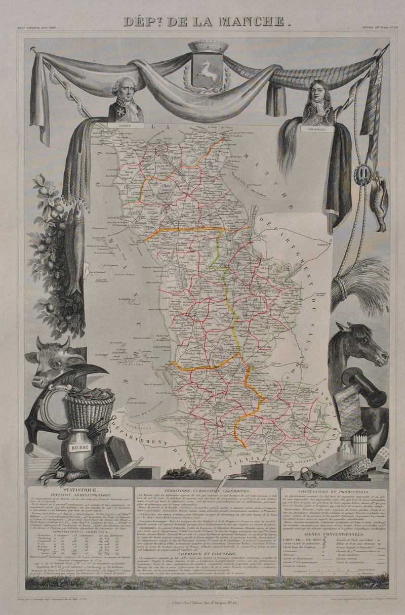 Victor LEVASSEUR : Carte ancienne de la Manche, Gravure originale (photo de détail 2) - Crédit photo : Galerie Art.Paris