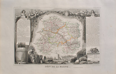 Victor LEVASSEUR : Carte ancienne de la Marne, Gravure originale (vue générale) - Crédit photo : Galerie Art.Paris