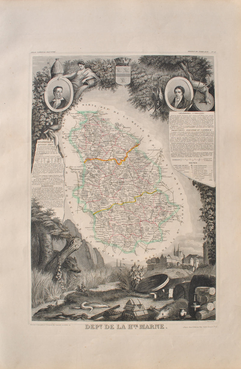 Victor LEVASSEUR : Carte ancienne de la Haute Marne, Gravure originale (vue générale) - Crédit photo : Galerie Art.Paris