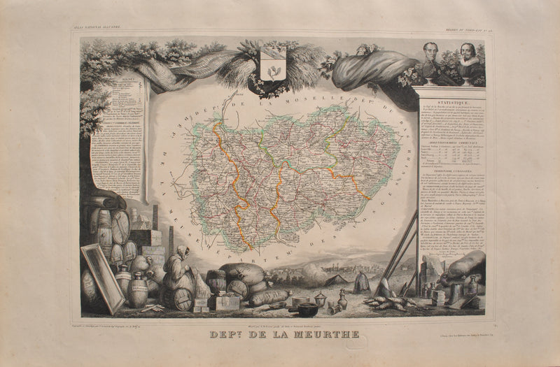 Victor LEVASSEUR : Carte ancienne de la Meurthe, Gravure originale (vue générale) - Crédit photo : Galerie Art.Paris