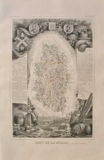 Victor LEVASSEUR : Carte ancienne de la Meuse, Gravure originale (vue générale) - Crédit photo : Galerie Art.Paris