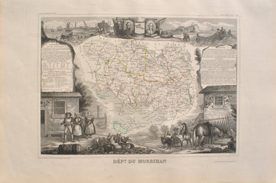 Victor LEVASSEUR : Carte ancienne du Morbihan, Gravure originale (vue générale) - Crédit photo : Galerie Art.Paris