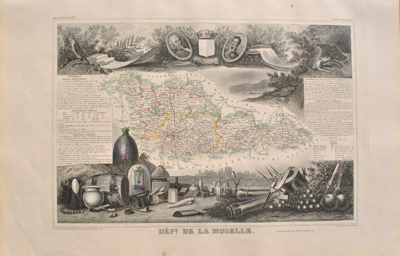 Victor LEVASSEUR : Carte ancienne de la Moselle, Gravure originale (vue générale) - Crédit photo : Galerie Art.Paris