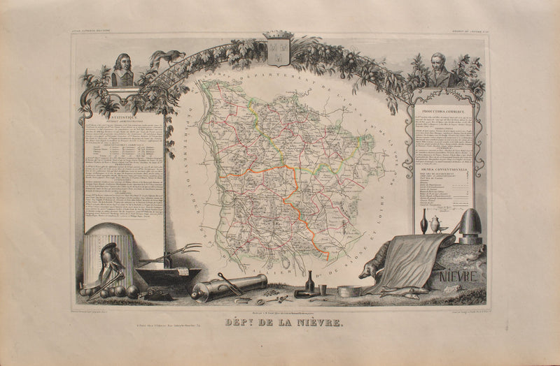 Victor LEVASSEUR : Carte ancienne de la Nièvre, Gravure originale (vue générale) - Crédit photo : Galerie Art.Paris