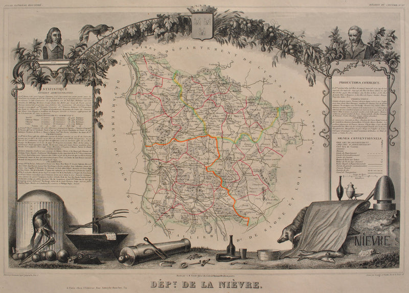 Victor LEVASSEUR : Carte ancienne de la Nièvre, Gravure originale (photo de détail 2) - Crédit photo : Galerie Art.Paris