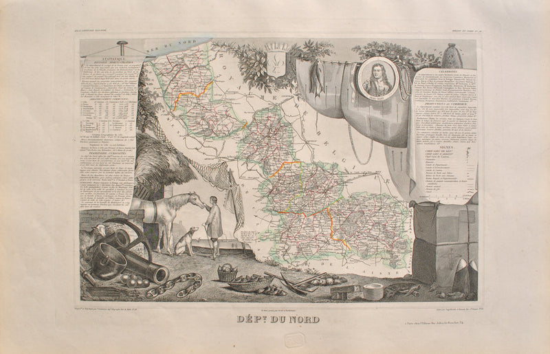 Victor LEVASSEUR : Carte ancienne du département du Nord, Gravure originale (vue générale) - Crédit photo : Galerie Art.Paris