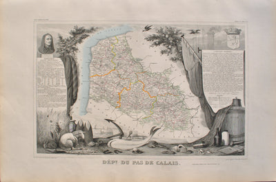 Victor LEVASSEUR : Carte ancienne du  Pas de Calais, Gravure originale (vue générale) - Crédit photo : Galerie Art.Paris