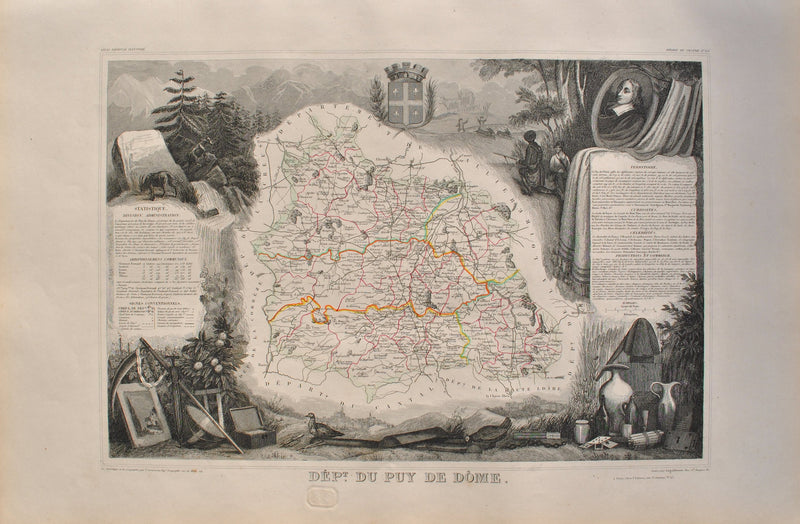 Victor LEVASSEUR : Carte ancienne du Puy de Dôme, Gravure originale (vue générale) - Crédit photo : Galerie Art.Paris