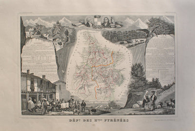 Victor LEVASSEUR : Carte ancienne des Hautes Pyrénées, Gravure originale (vue générale) - Crédit photo : Galerie Art.Paris