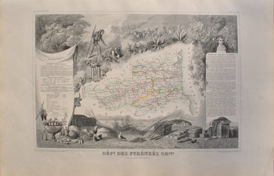 Victor LEVASSEUR : Carte ancienne des Pyrénées Orientales, Gravure originale (vue générale) - Crédit photo : Galerie Art.Paris