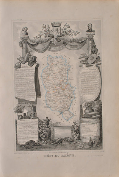 Victor LEVASSEUR : Carte ancienne du Rhône, Gravure originale (vue générale) - Crédit photo : Galerie Art.Paris