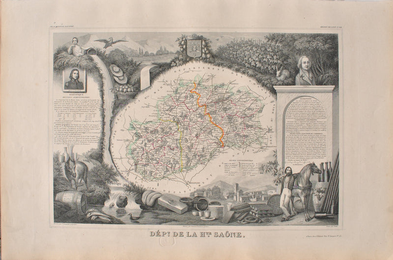 Victor LEVASSEUR : Carte ancienne de la Haute Saône, Gravure originale (vue générale) - Crédit photo : Galerie Art.Paris