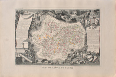 Victor LEVASSEUR : Carte ancienne de Saône et Loire, Gravure originale (vue générale) - Crédit photo : Galerie Art.Paris