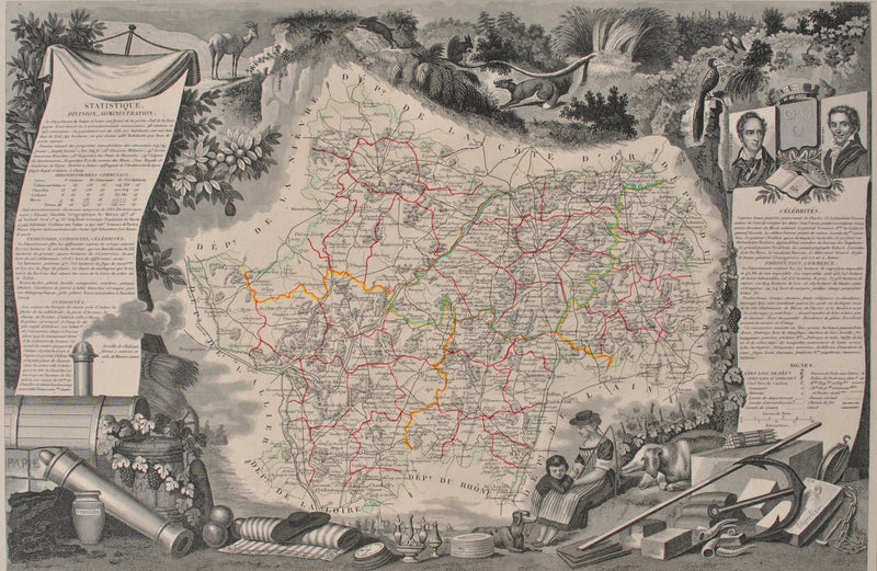 Victor LEVASSEUR : Carte ancienne de Saône et Loire, Gravure originale (photo de détail 2) - Crédit photo : Galerie Art.Paris