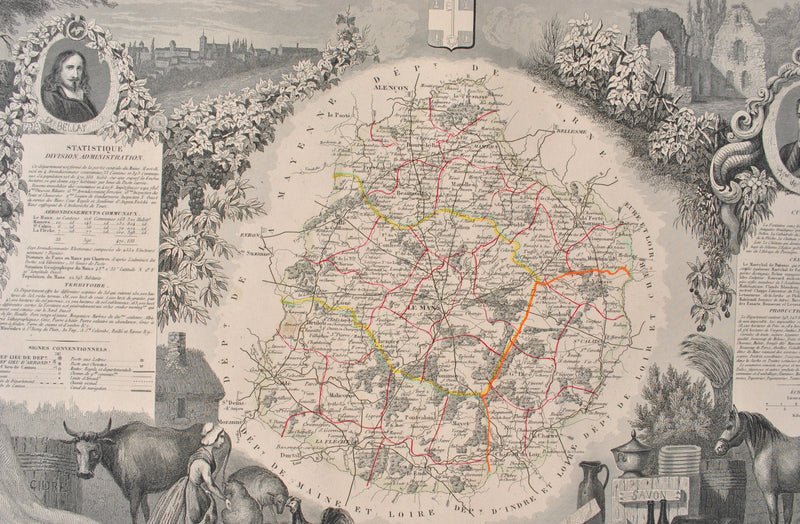 Victor LEVASSEUR : Carte ancienne de la Sarthe, Gravure originale (photo de détail 7) - Crédit photo : Galerie Art.Paris