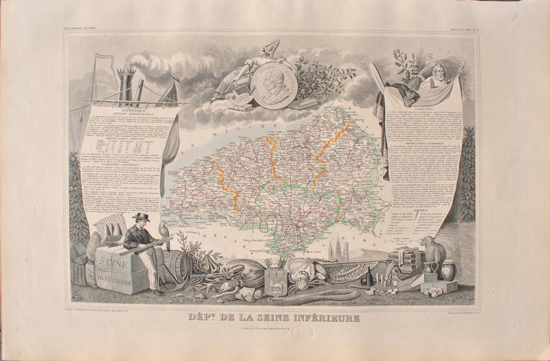 Victor LEVASSEUR : Carte ancienne de la Seine Inférieure, Gravure originale (vue générale) - Crédit photo : Galerie Art.Paris