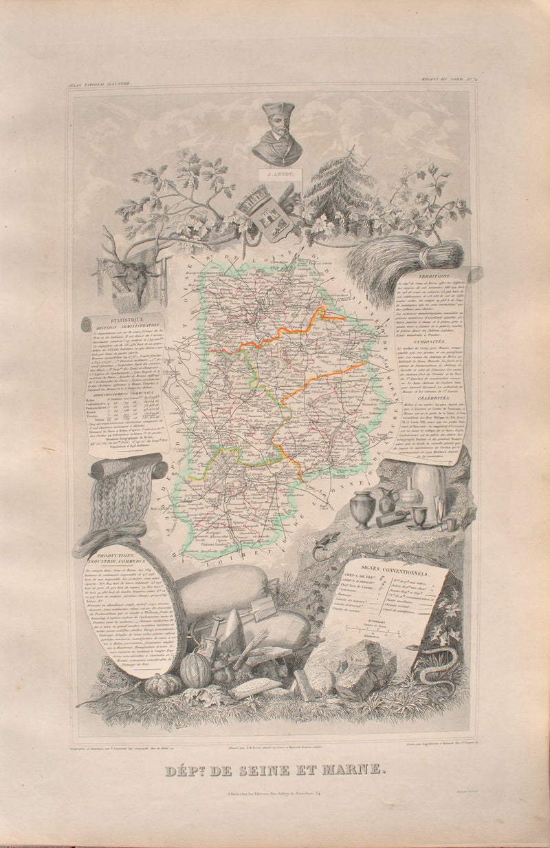 Victor LEVASSEUR : Carte ancienne de Seine et Marne, Gravure originale (vue générale) - Crédit photo : Galerie Art.Paris