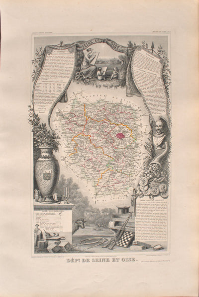 Victor LEVASSEUR : Carte ancienne de Seine et Oise, Gravure originale (vue générale) - Crédit photo : Galerie Art.Paris