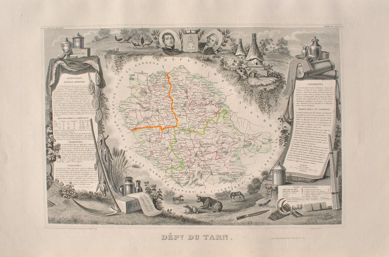 Victor LEVASSEUR : Carte ancienne du Tarn, Gravure originale (vue générale) - Crédit photo : Galerie Art.Paris