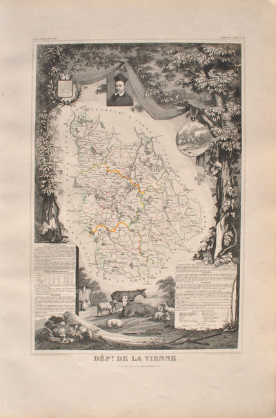 Victor LEVASSEUR : Carte ancienne de la Vienne, Gravure originale (vue générale) - Crédit photo : Galerie Art.Paris