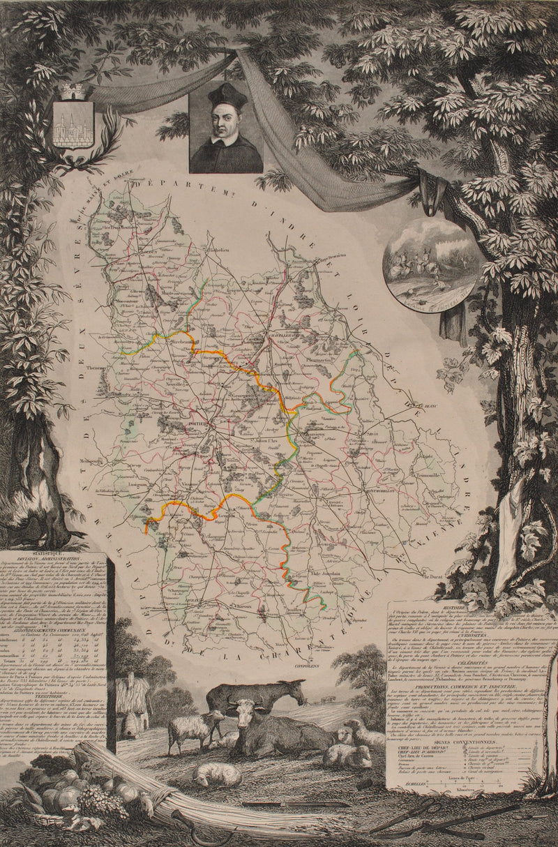 Victor LEVASSEUR : Carte ancienne de la Vienne, Gravure originale (photo de détail 2) - Crédit photo : Galerie Art.Paris