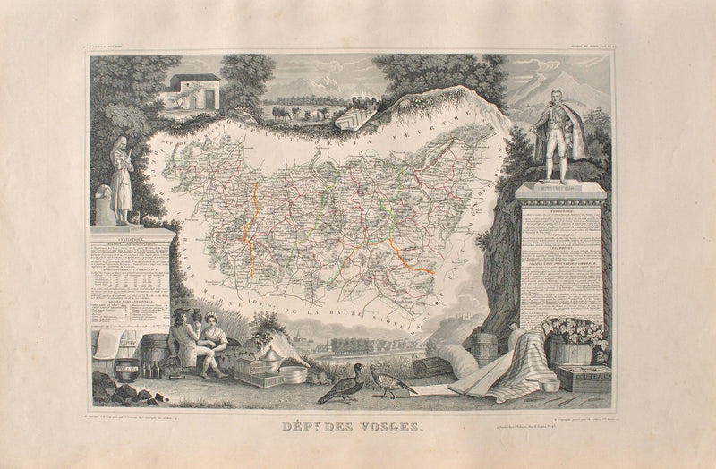 Victor LEVASSEUR : Carte ancienne des Vosges, Gravure originale (vue générale) - Crédit photo : Galerie Art.Paris