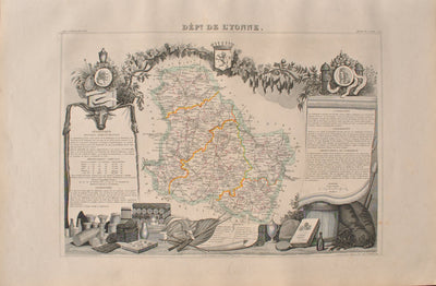 Victor LEVASSEUR : Carte ancienne de l'Yonne, Gravure originale (vue générale) - Crédit photo : Galerie Art.Paris