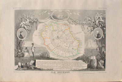 Victor LEVASSEUR : Carte ancienne de l'Ile Bourbon, Gravure originale (vue générale) - Crédit photo : Galerie Art.Paris