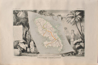 Victor LEVASSEUR : Carte ancienne de la Martinique, Gravure originale (vue générale) - Crédit photo : Galerie Art.Paris