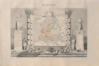 Victor LEVASSEUR : Carte ancienne de l'Europe, Gravure originale (vue générale) - Crédit photo : Galerie Art.Paris