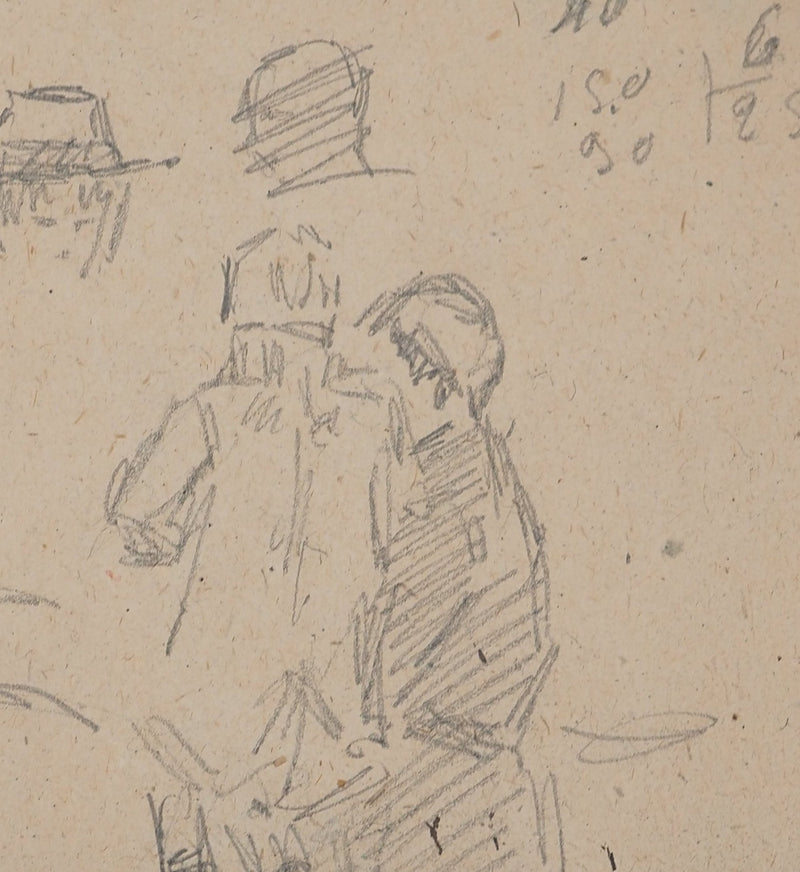 Louis HAYET : Discussion sur un banc, Dessin original (photo de détail 4) - Crédit photo : Galerie Art.Paris