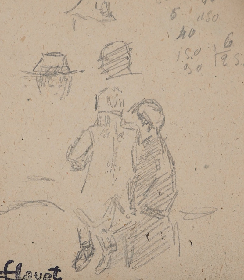 Louis HAYET : Discussion sur un banc, Dessin original (photo de détail 3) - Crédit photo : Galerie Art.Paris