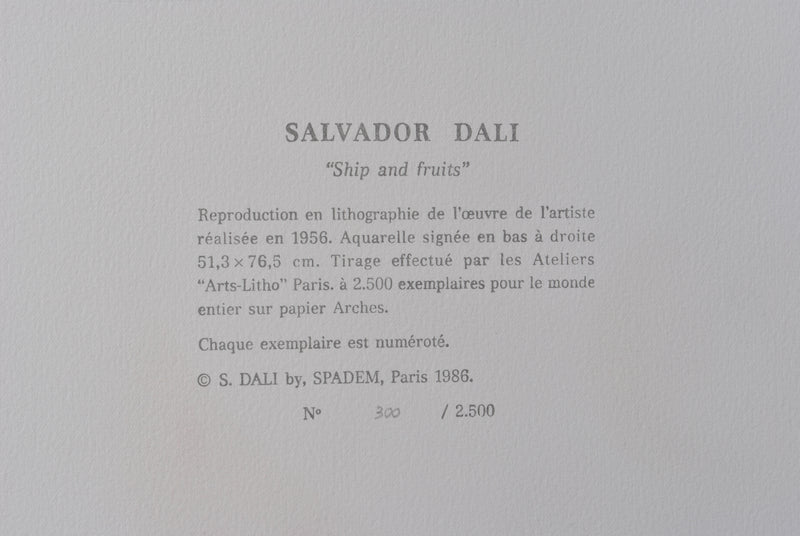 Salvador DALI : Bateaux et fruits, Lithographie originale (photo de détail 6) - Crédit photo : Galerie Art.Paris