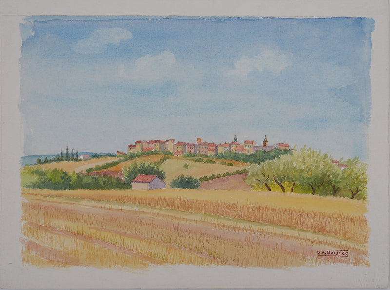 Salomon Alfred BOISECQ : Le village en Provence, Aquarelle originale signée