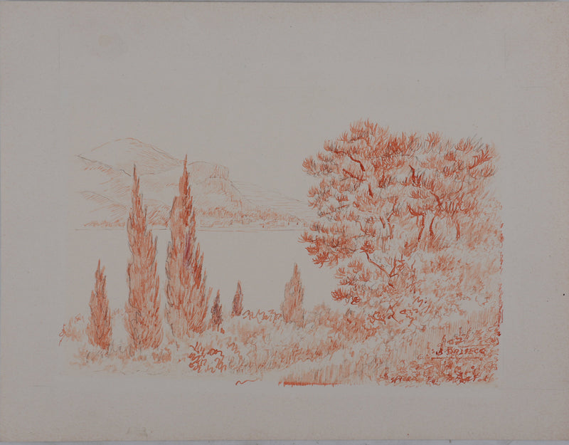 Salomon Alfred BOISECQ : Paysage aux cyprès, Dessin original signé
