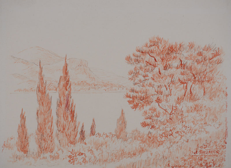 Salomon Alfred BOISECQ : Paysage aux cyprès, Dessin original signé