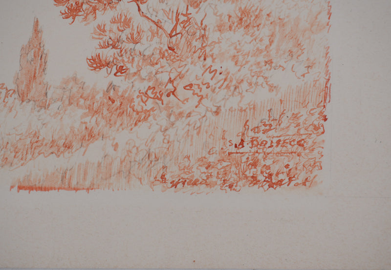 Salomon Alfred BOISECQ : Paysage aux cyprès, Dessin original signé
