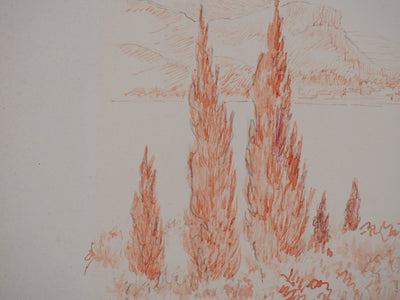 Salomon Alfred BOISECQ : Paysage aux cyprès, Dessin original signé