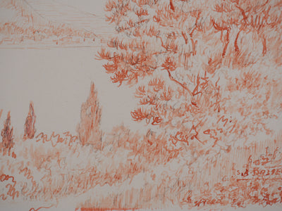 Salomon Alfred BOISECQ : Paysage aux cyprès, Dessin original signé