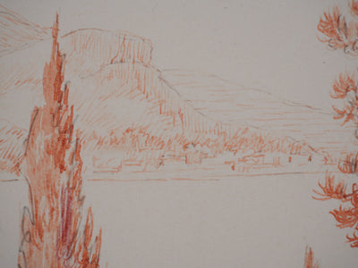 Salomon Alfred BOISECQ : Paysage aux cyprès, Dessin original signé