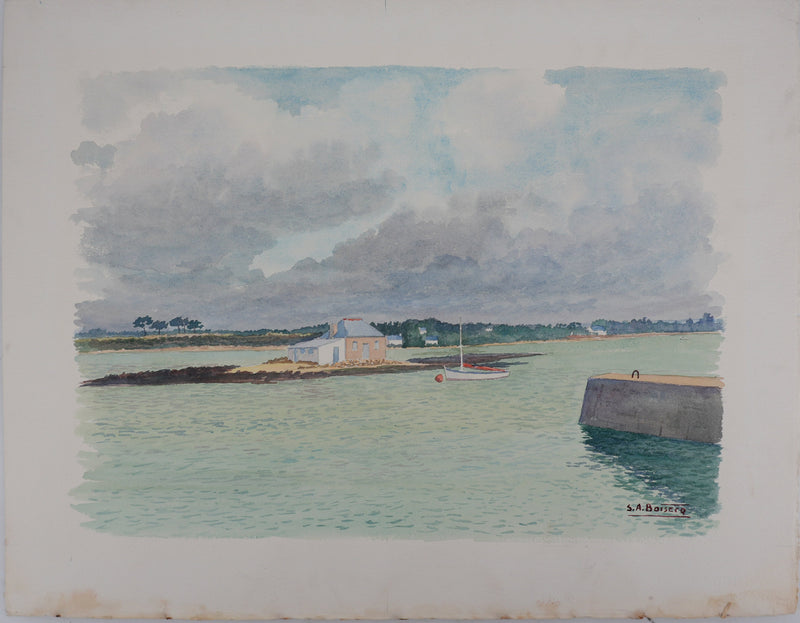 Salomon Alfred BOISECQ : Le petit port, Aquarelle originale signée