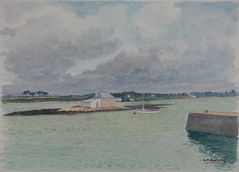 Salomon Alfred BOISECQ : Le petit port, Aquarelle originale signée