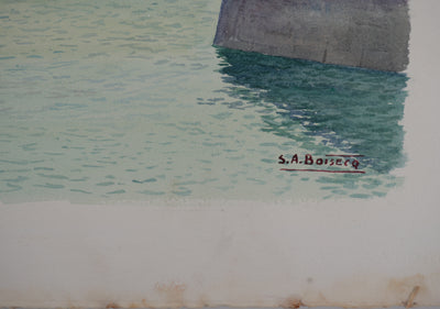 Salomon Alfred BOISECQ : Le petit port, Aquarelle originale signée