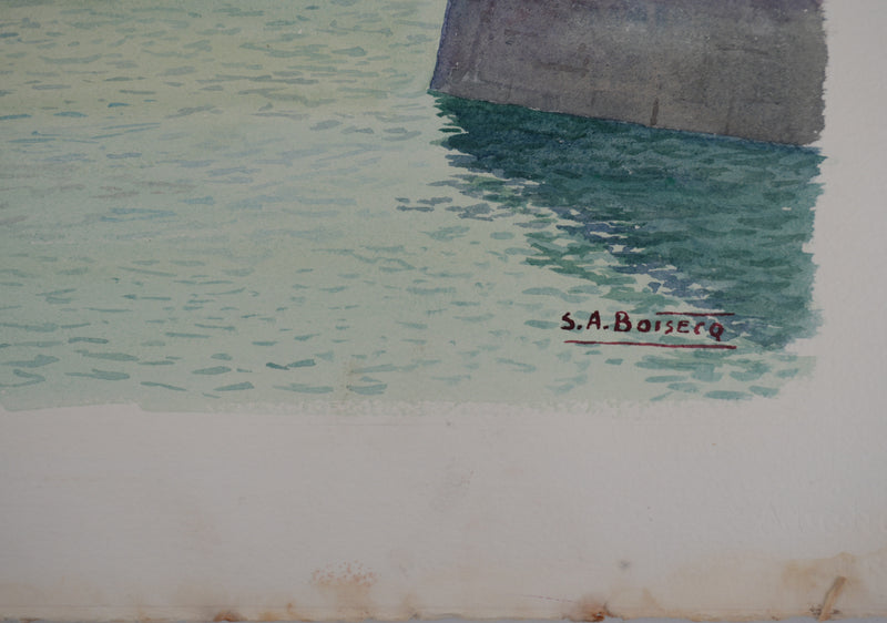 Salomon Alfred BOISECQ : Le petit port, Aquarelle originale signée