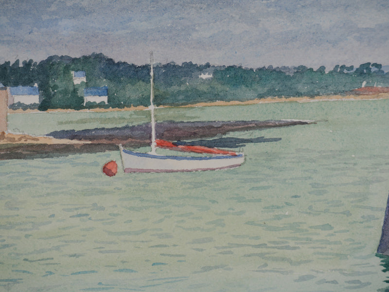 Salomon Alfred BOISECQ : Le petit port, Aquarelle originale signée