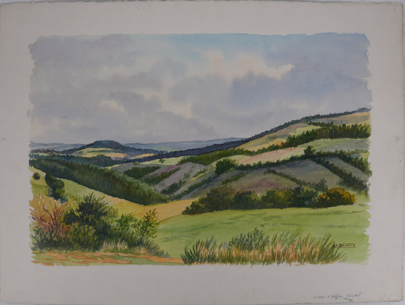 Salomon Alfred BOISECQ : Vue sur le Cantal, Aquarelle originale signée
