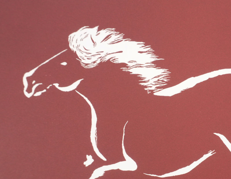 Mokuchu URUSHIBARA : Estampe japonaise, Grand galop (rouge), Lithographie signée