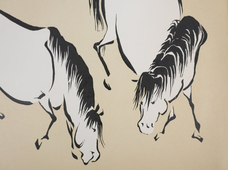 Mokuchu URUSHIBARA : Estampe japonaise, Chevaux paissant (crème), Lithographie signée